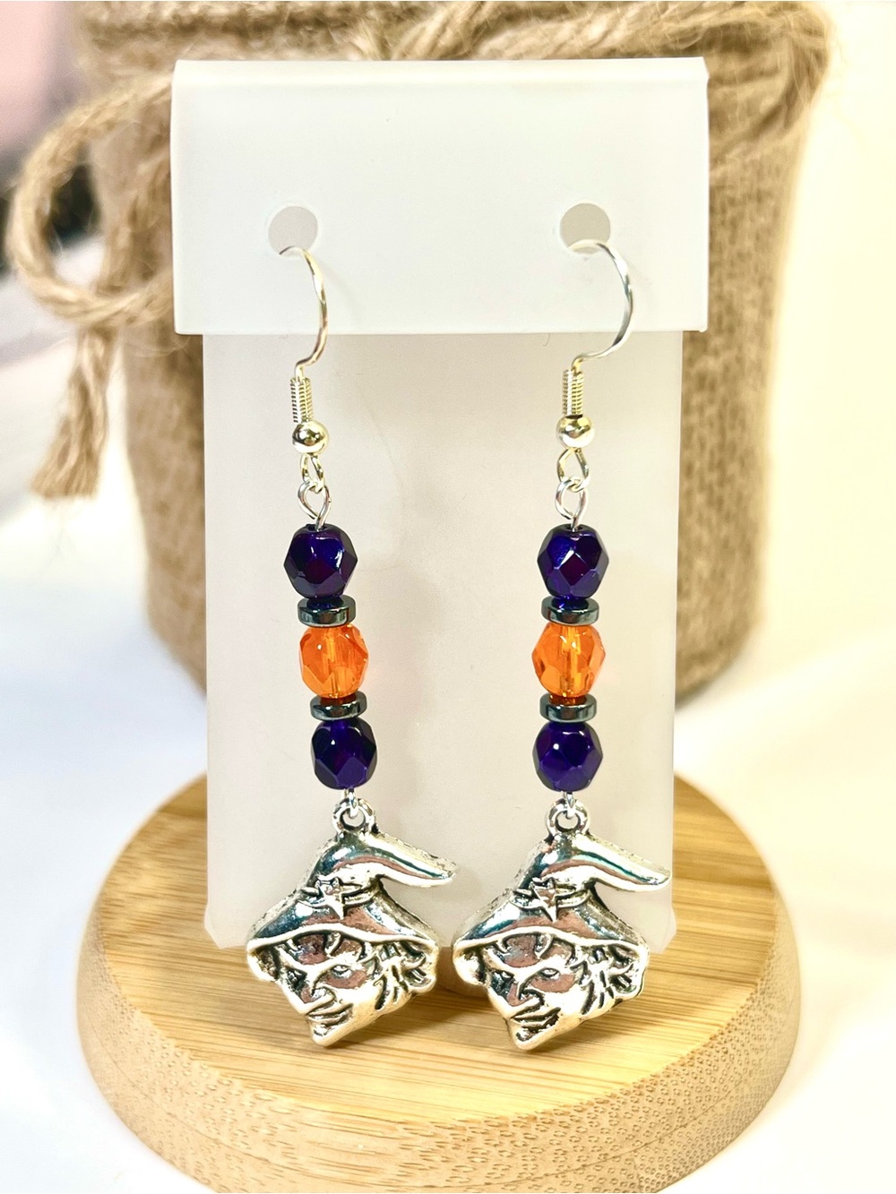 Handcrafted Purple and Orange Beaded Witch Charm Earrings-NEW